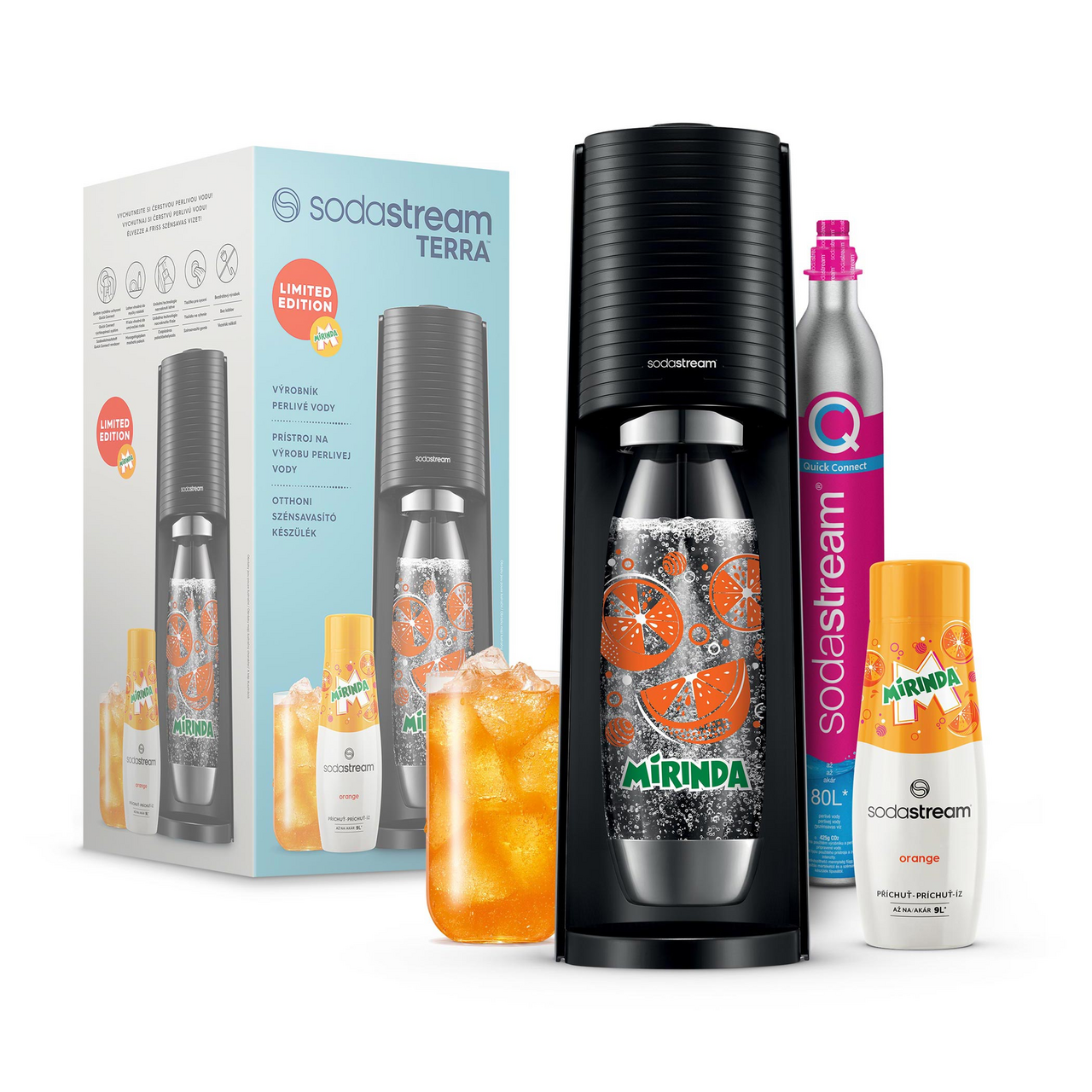 sodastream TERRA Výrobník čierny a Mirinda sirup multi-pack 1 ks