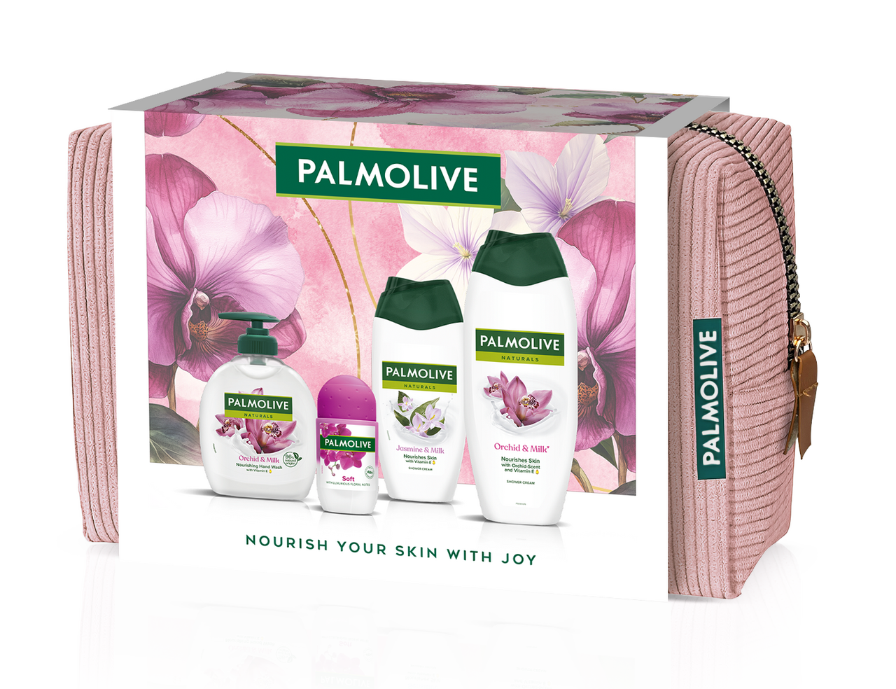 PALMOLIVE Orchid darčeková sada (mydlo na ruky + sprchový gél + roll on + sprchový krém) taška