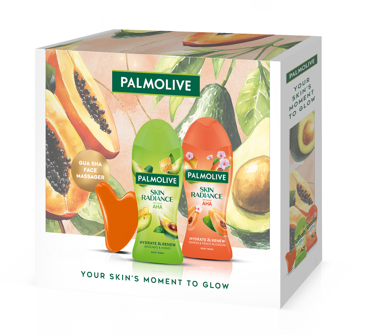 PALMOLIVE Skin Radiance darčeková sada (2 x sprchový gél + gua sha ) kazeta