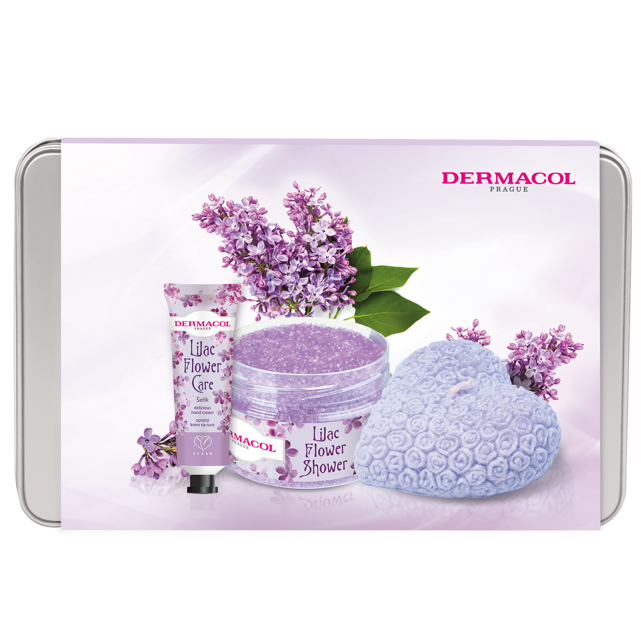 DERMACOL Orgován darčeková sada (krém na ruky + tel.peeling + sviečka) dóza