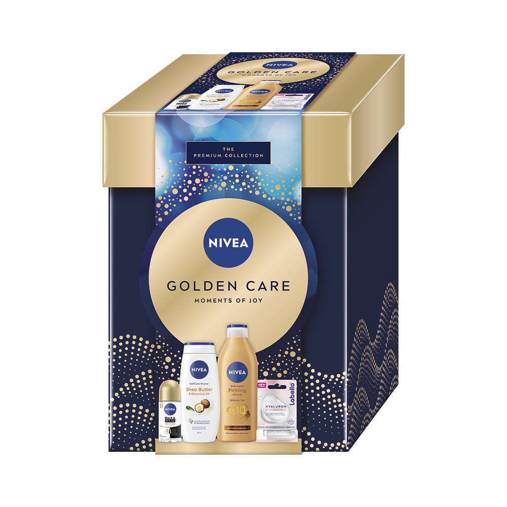 NIVEA Golden Care darčeková sada (sprchový gél + tel.mlieko + roll on + Labello) kazeta