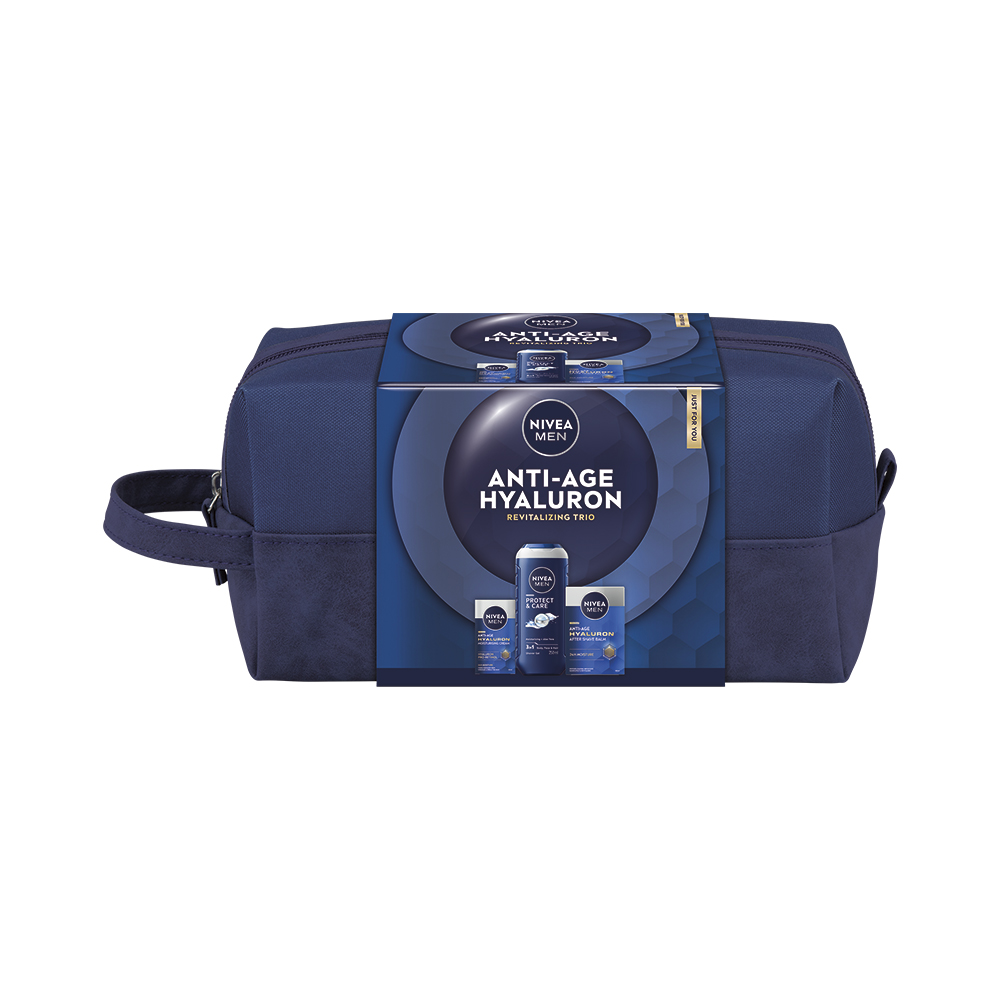 NIVEA Men Hyaluron darčeková sada (sprchový gél + balzam po holení + krém) taška