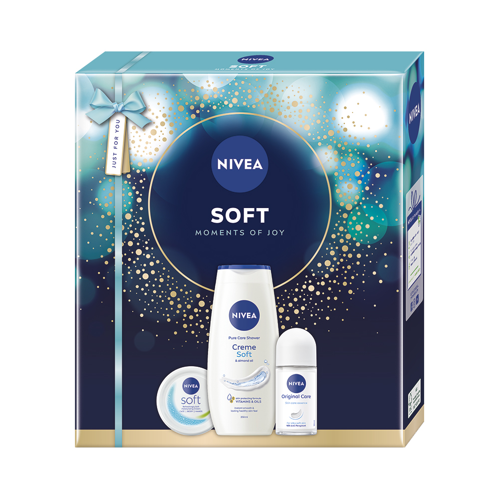 NIVEA Soft darčeková sada (sprchový gél + krém + roll on) kazeta
