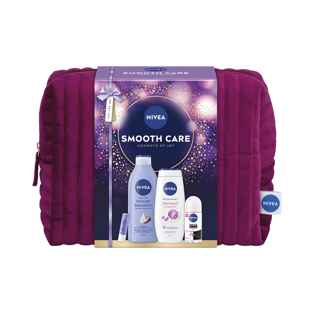 NIVEA Smooth Care darčeková sada (sprchový gél + tel.mlieko + roll on + Labello) taška
