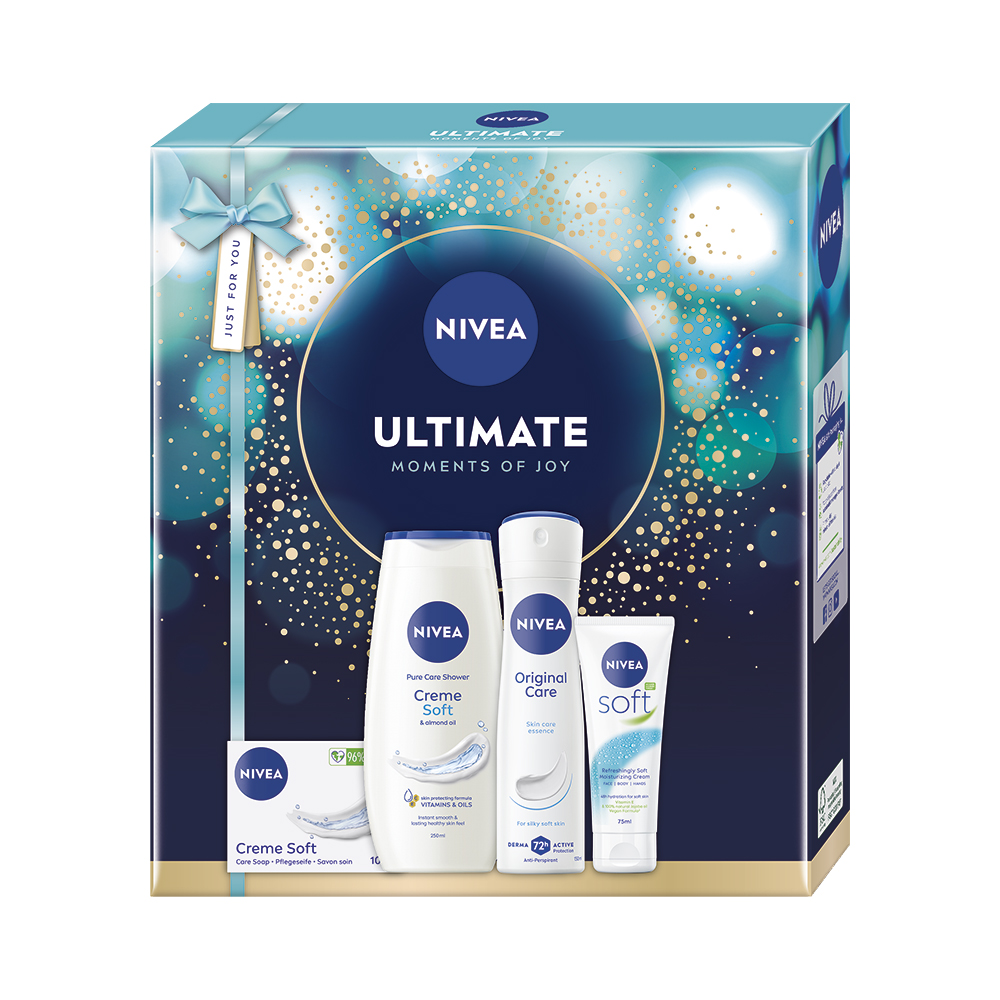 NIVEA Ultimate Soft darčeková sada (sprchový gél + krém + sprej + mydlo) kazeta