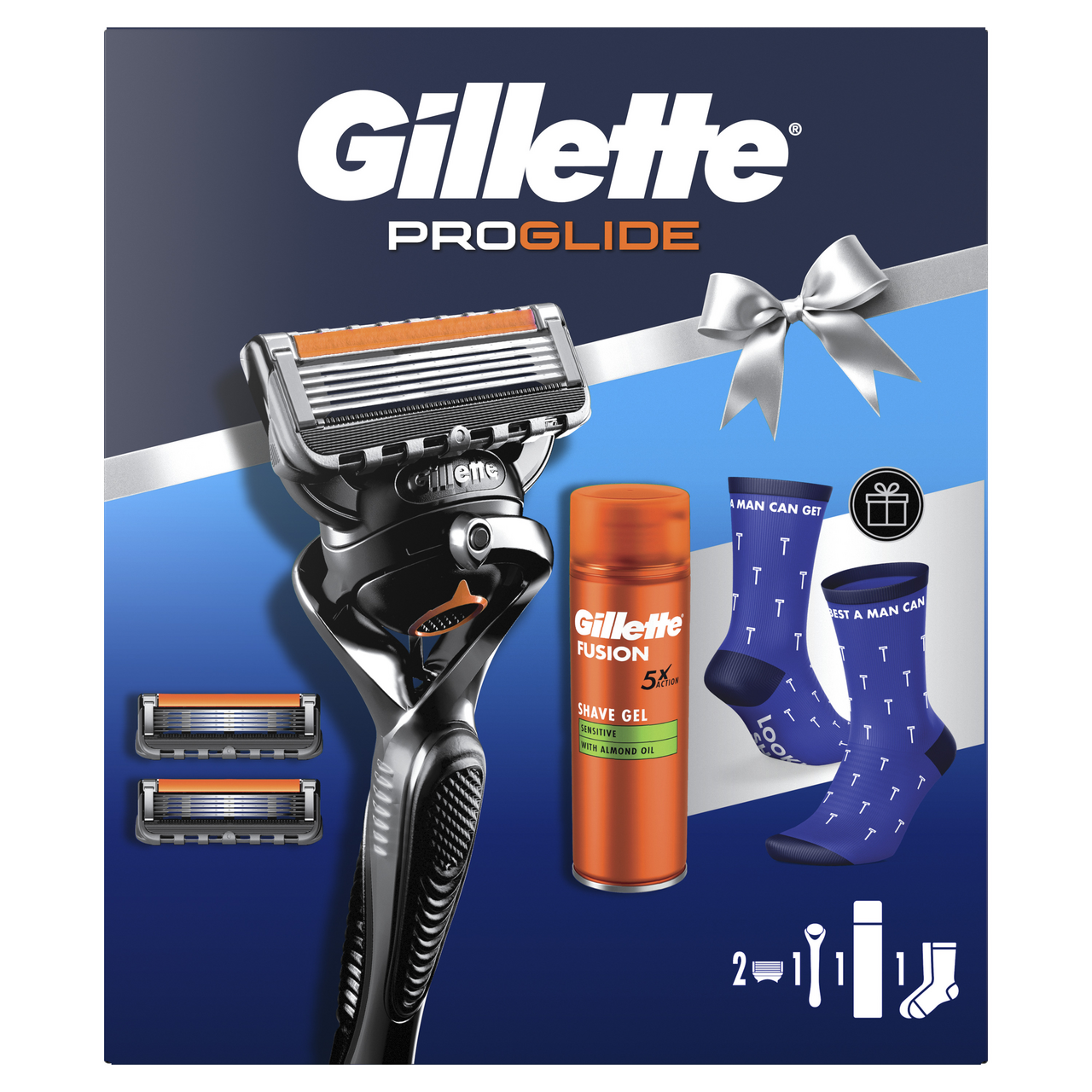 Gillette Proglide darčeková sada (žiletka + 2 náhr.hlavice + gél + ponožky) kazeta