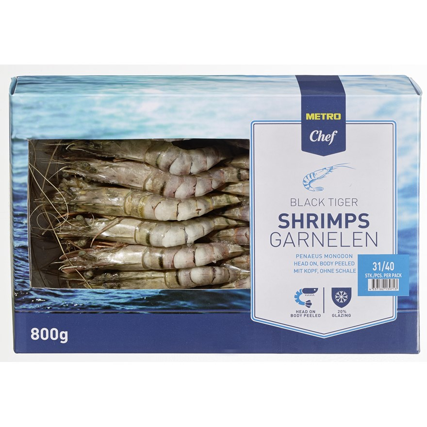 METRO Chef Krevety Black Tiger s hlavou nelúpané 30/40 mraz. 800 g