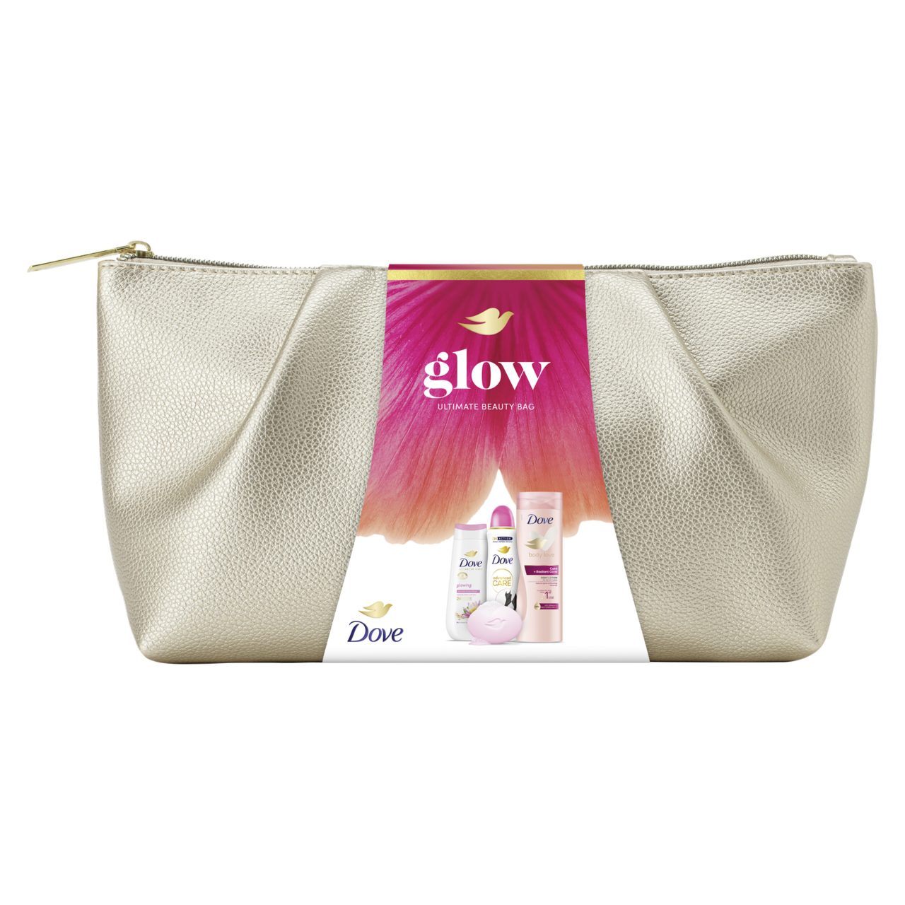 Dove Glow darčeková sada (sprch.gél + antiperspirant + mydlo + tel.mlieko) taška