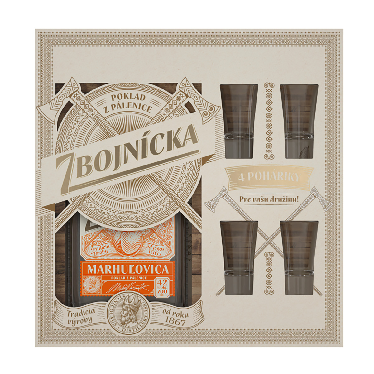 ZBOJNÍCKA Marhuľovica 42% 700 ml + poháre 4 ks
