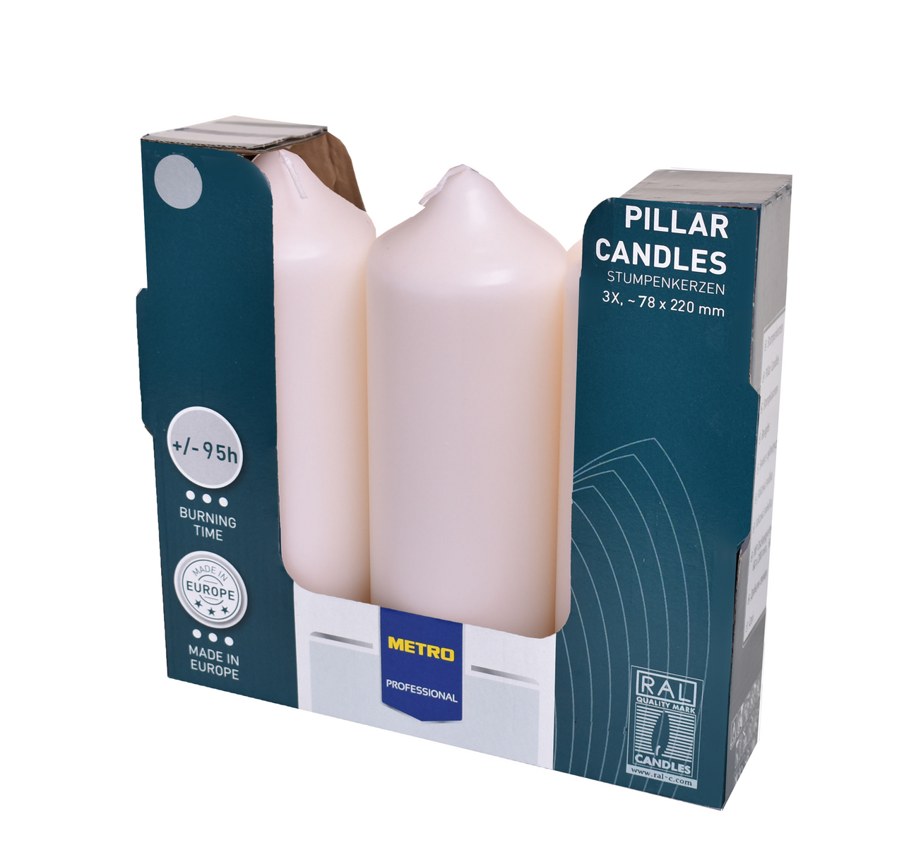 METRO PROFESSIONAL Sviečka 8 x 22 cm slonovinová 3 ks