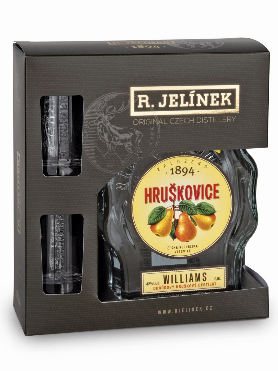 R.JELÍNEK Hruškovica Williams 42% budík 500 ml + poháre 2 ks