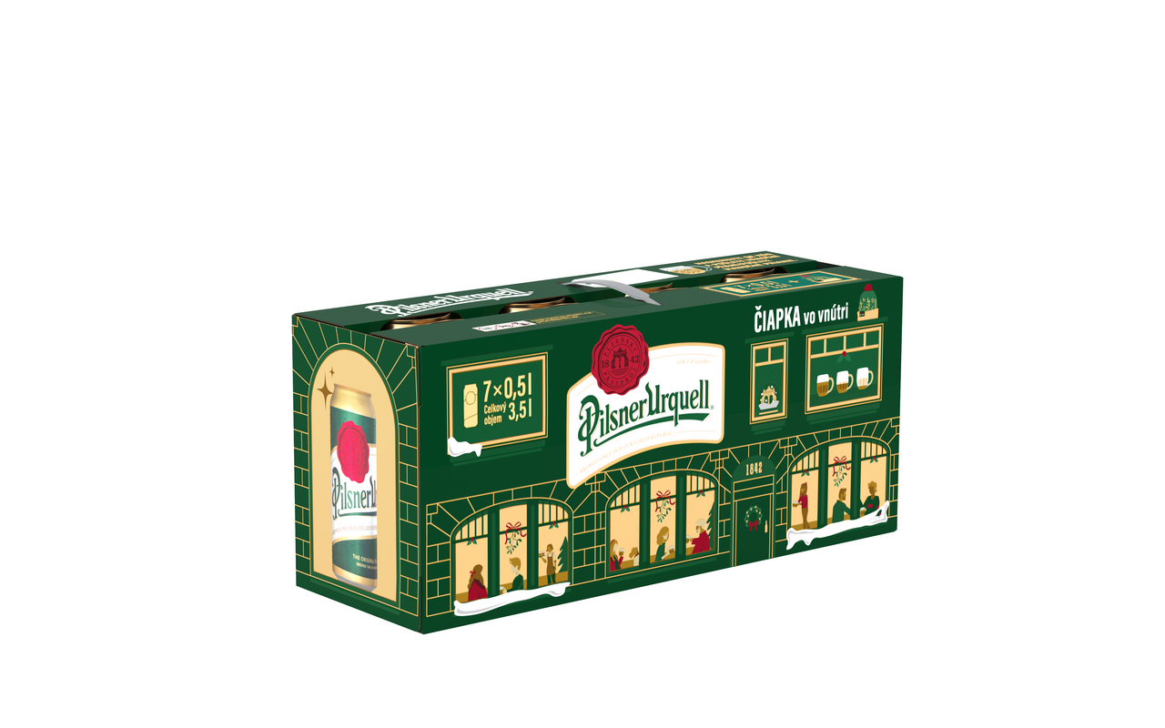 Pilsner Urquell pivo 7 x 500 ml vratná plechovka + čiapka 1 ks