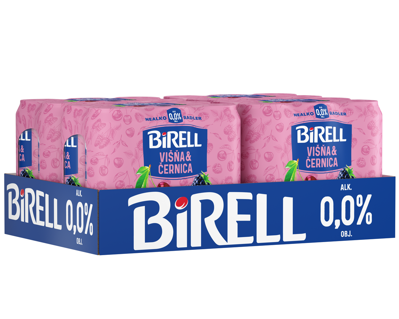 BIRELL 0,0 % radler nealkoholický višňa-černica 24 x 500 ml vratná plechovka