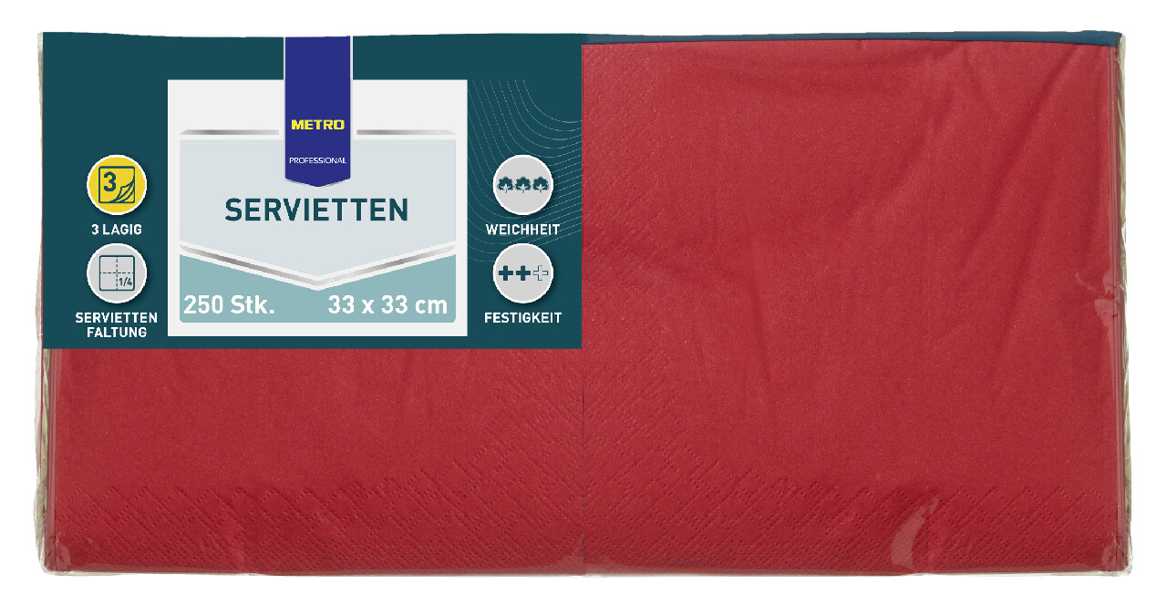 METRO PROFESSIONAL Servítky 3 vrstvové 33 x 33 cm červené 250 ks