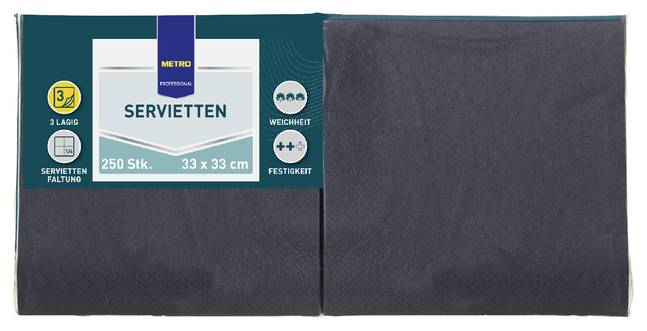 METRO PROFESSIONAL Servítky 3 vrstvové 33 x 33 cm čierne 250 ks