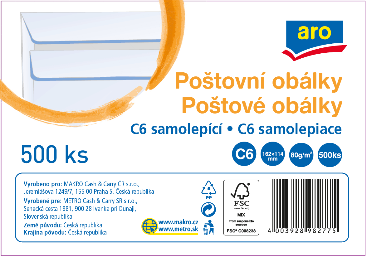 aro Obálka C6 samolepiaca biela 500 ks
