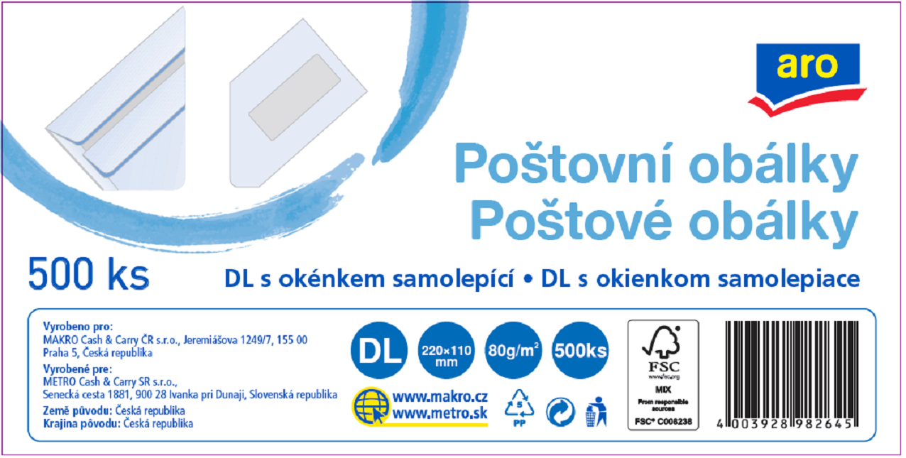 aro Obálka DL s okienkom samolepiaca biela 500 ks