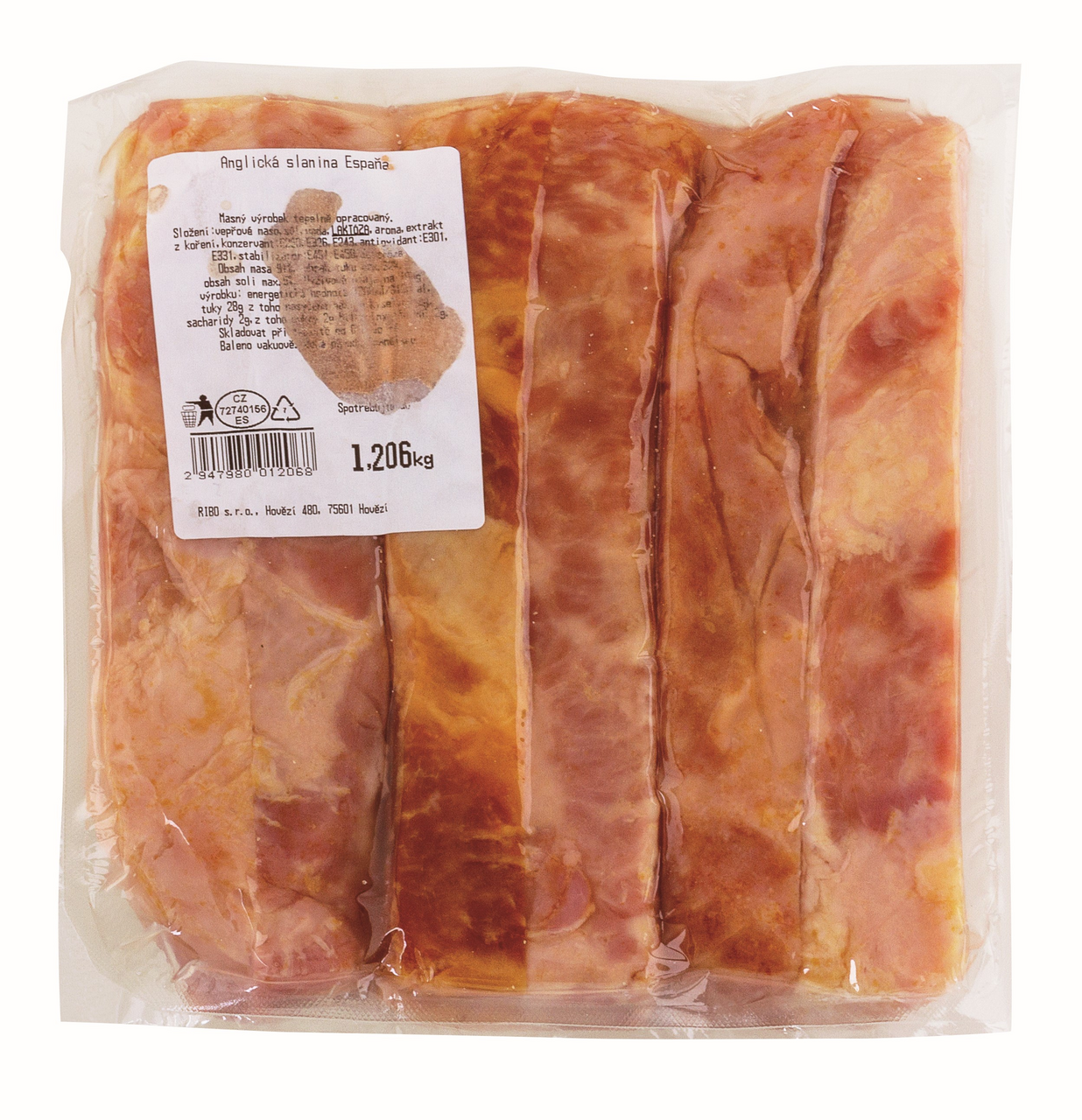 RIBO Lisovaná slanina 91% neštandardné plátky chlad. váž. cca 300 g