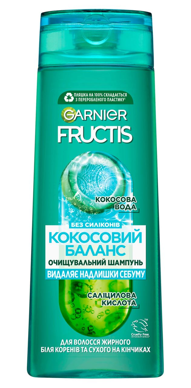 FRUCTÍS Шампунь Garnier Кокосовий баланс очищувальний для волосся жирного біля коренів та сухого на кінчиках 0,4л