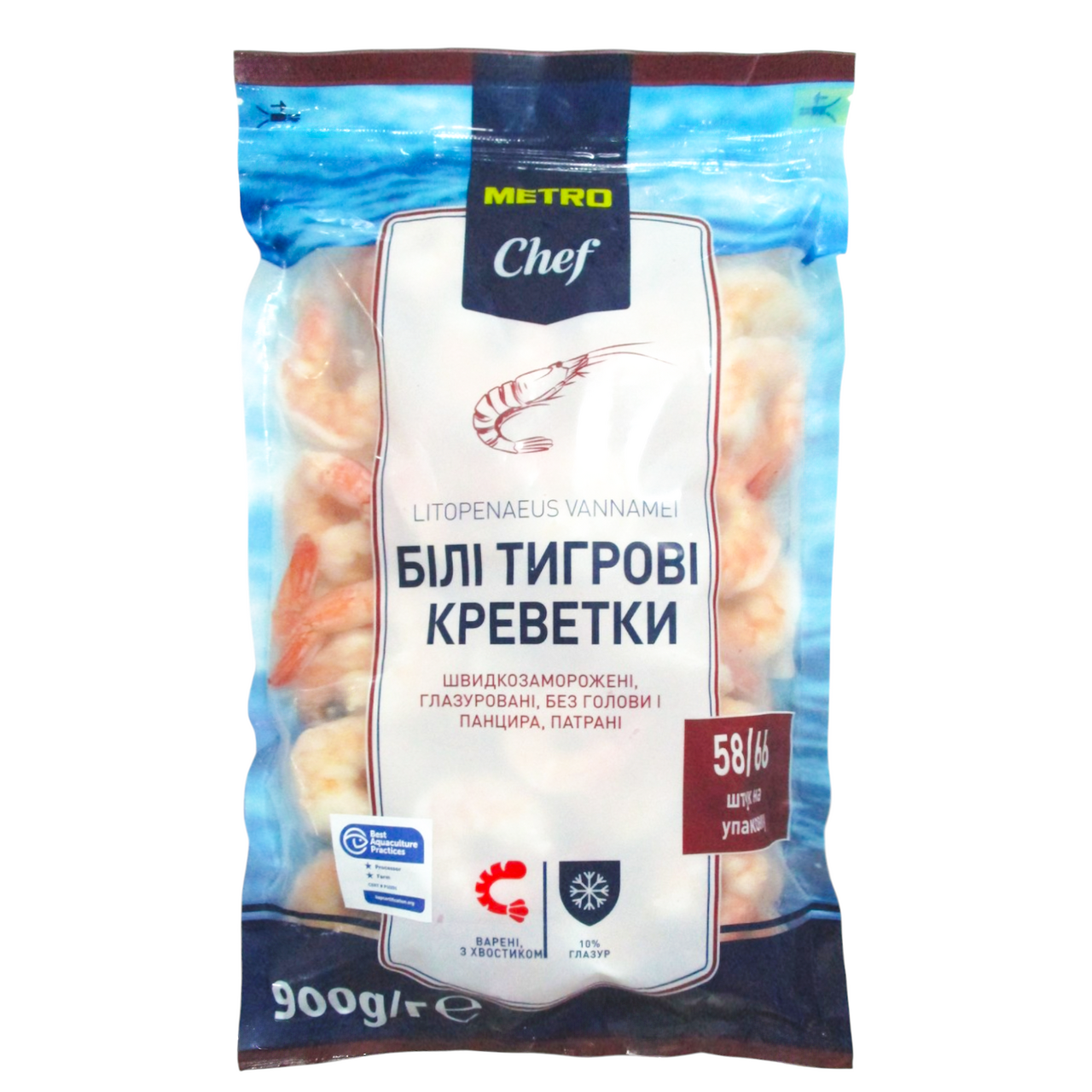 METRO Chef Креветка білонога варена б/голови б/панцира б/стравоходу 26/30 шт/фунт (58/66 шт/кг) замор 1кг (10% глазурі)